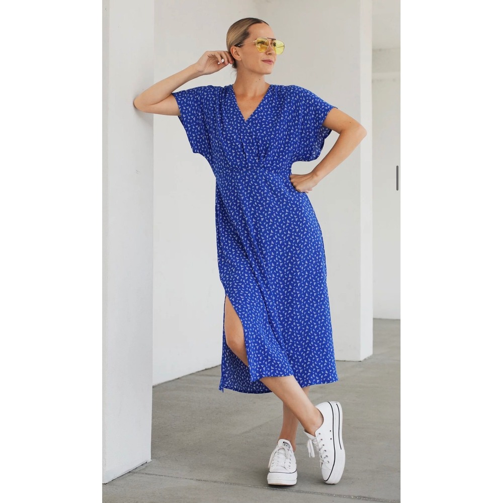 Katie Sturino x Stitch Fix Blue Heart Print Midi Dress V-Neck Dolman Sleeve L
